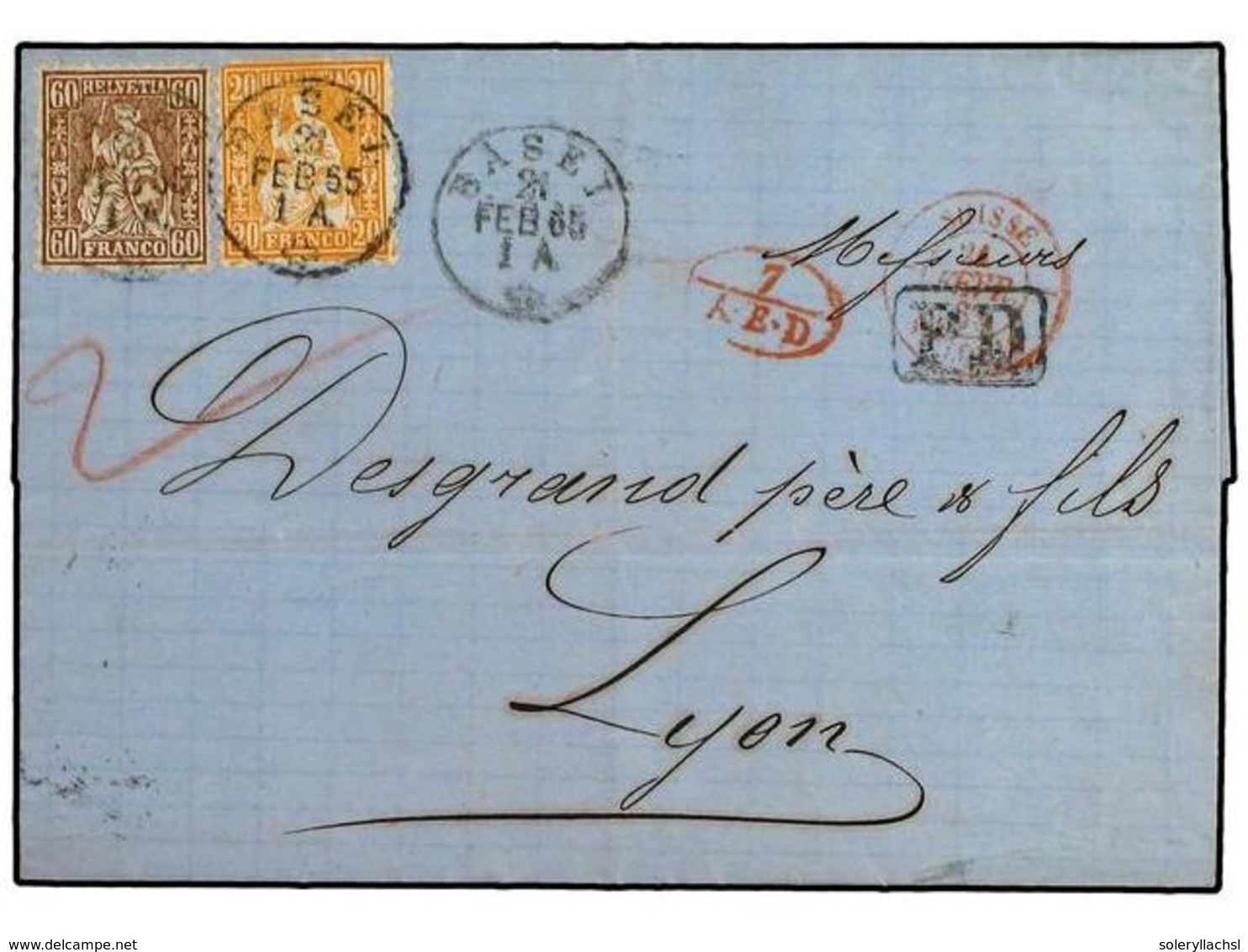 5354 SUIZA. 1865. Entire Letter To LYON Franked By 1862 <B>20 C.</B> Orange And Scarce <B>60 C.</B> Copper Bronze Tied B - Other & Unclassified