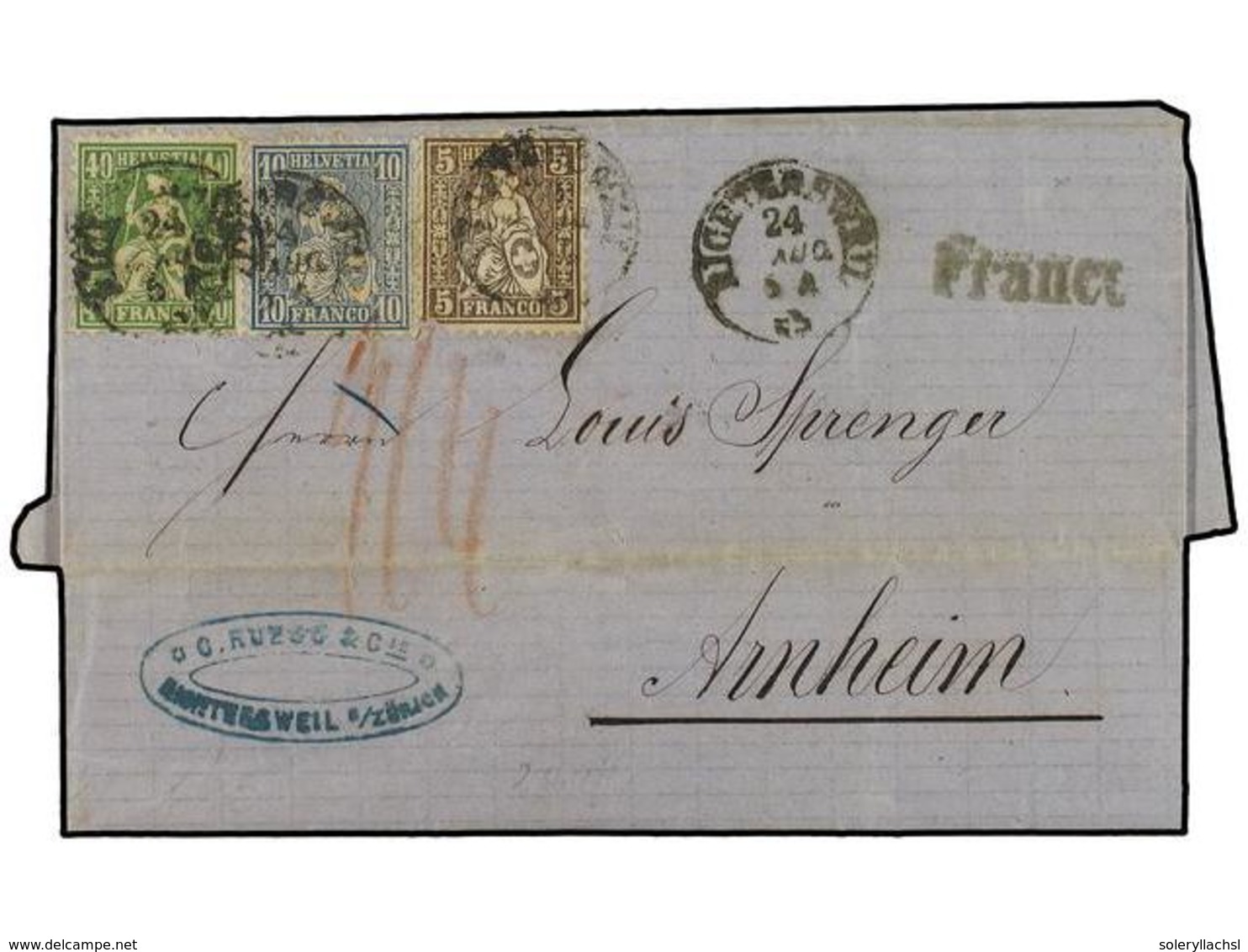 5355 SUIZA. 1865 (Aug 24). Entire Letter To Arnhem With Three Colour Franking Of 1862-64 <B>5c</B>. Brown (comtemporaril - Sonstige & Ohne Zuordnung