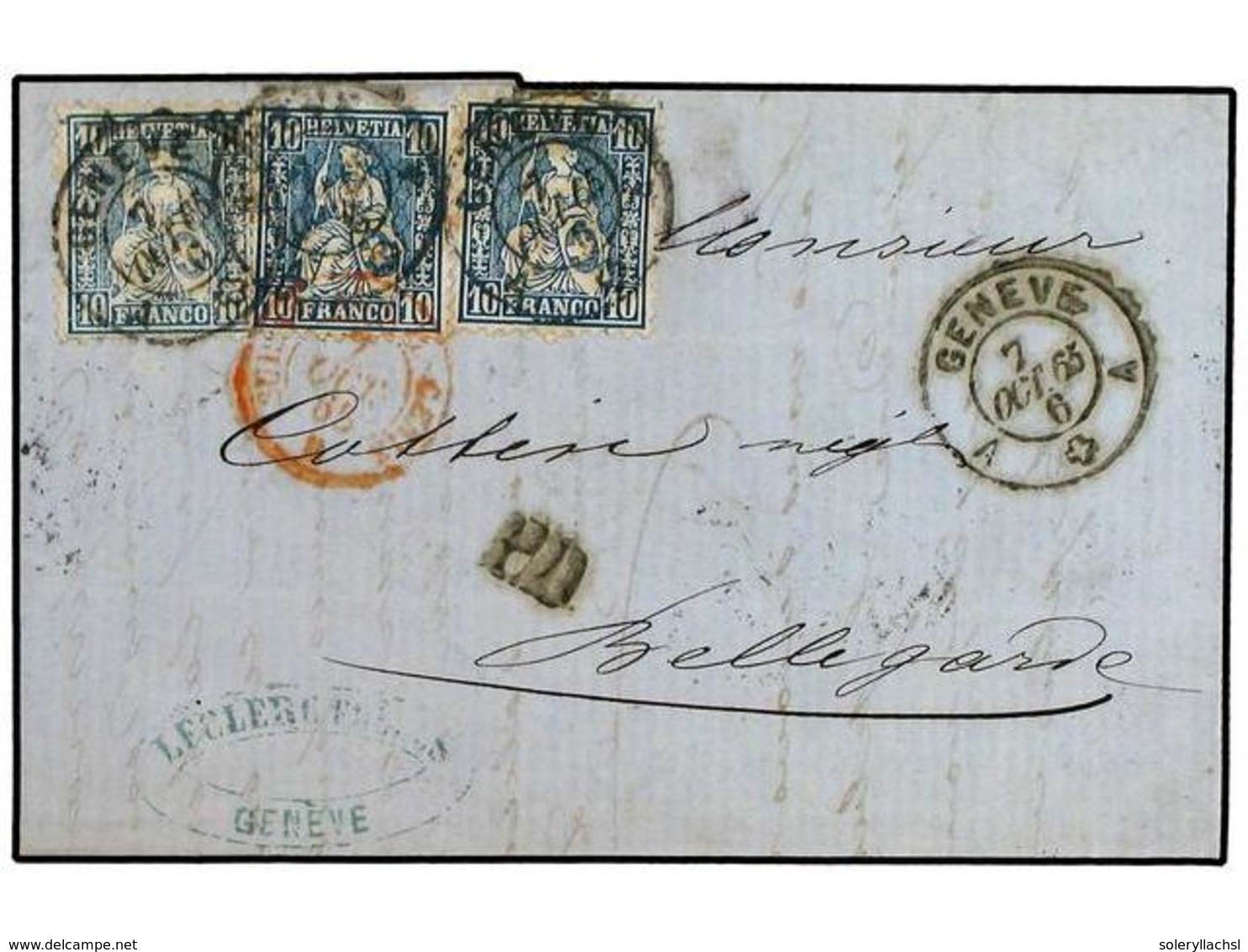 5356 SUIZA. 1865. Entire Letter To BELLGARDE Franked By Two Shades Of 1862 <B>10 C.</B> Pale Blue And <B>2x10 C.</B> Dee - Other & Unclassified