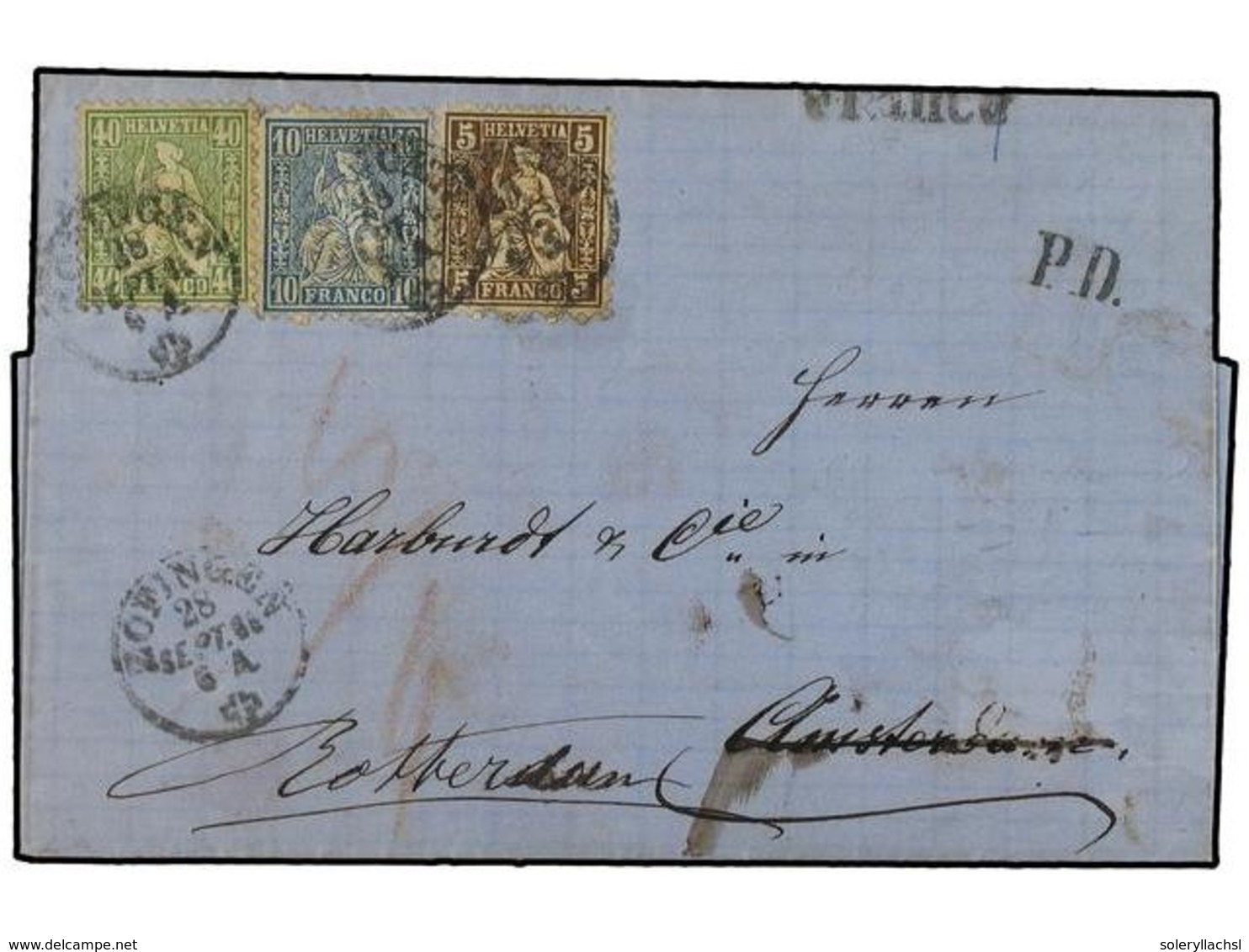 5358 SUIZA. 1866 (Sept 28). Entire Letter To Amsterdam With Three Colour Franking Of 1862-64 <B>5c</B>. Brown, <B>10c</B - Altri & Non Classificati