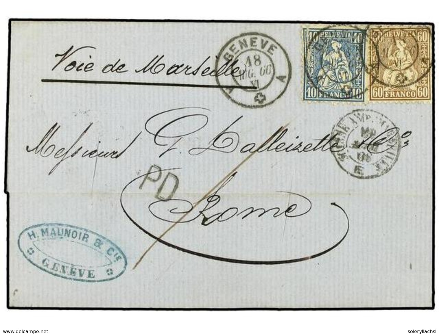 5360 SUIZA. 1866 (Aug 18). Entire Letter To Rome Via Marseille, Franked By 1862-63 <B>10c</B>. Blue, Slight Tear On Appl - Other & Unclassified