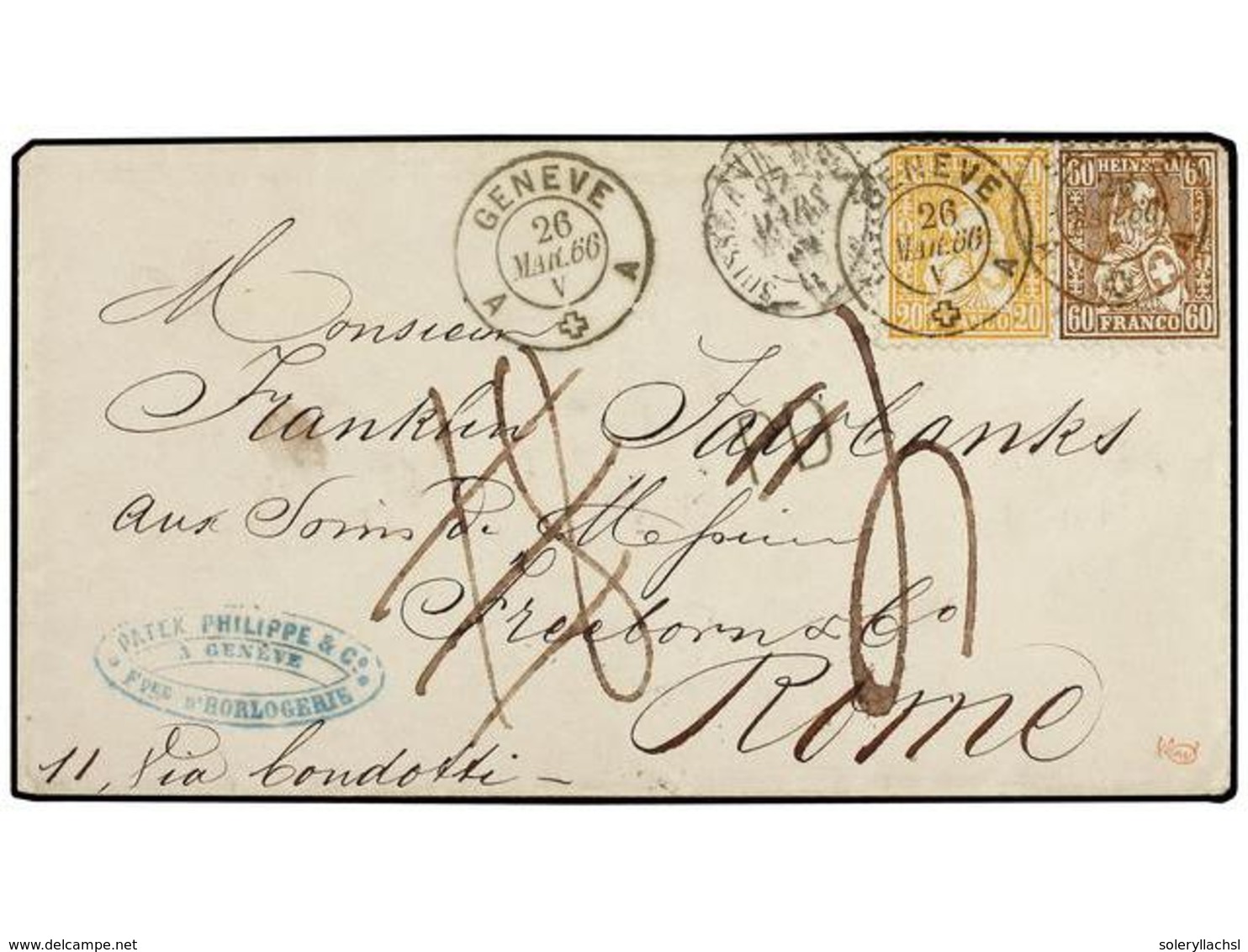 5361 SUIZA. 1866 (March 26). Cover From Geneva To Rome Franked By 1862-64 <B>20c</B>. Orange And <B>60c</B>. Bronze Neat - Other & Unclassified