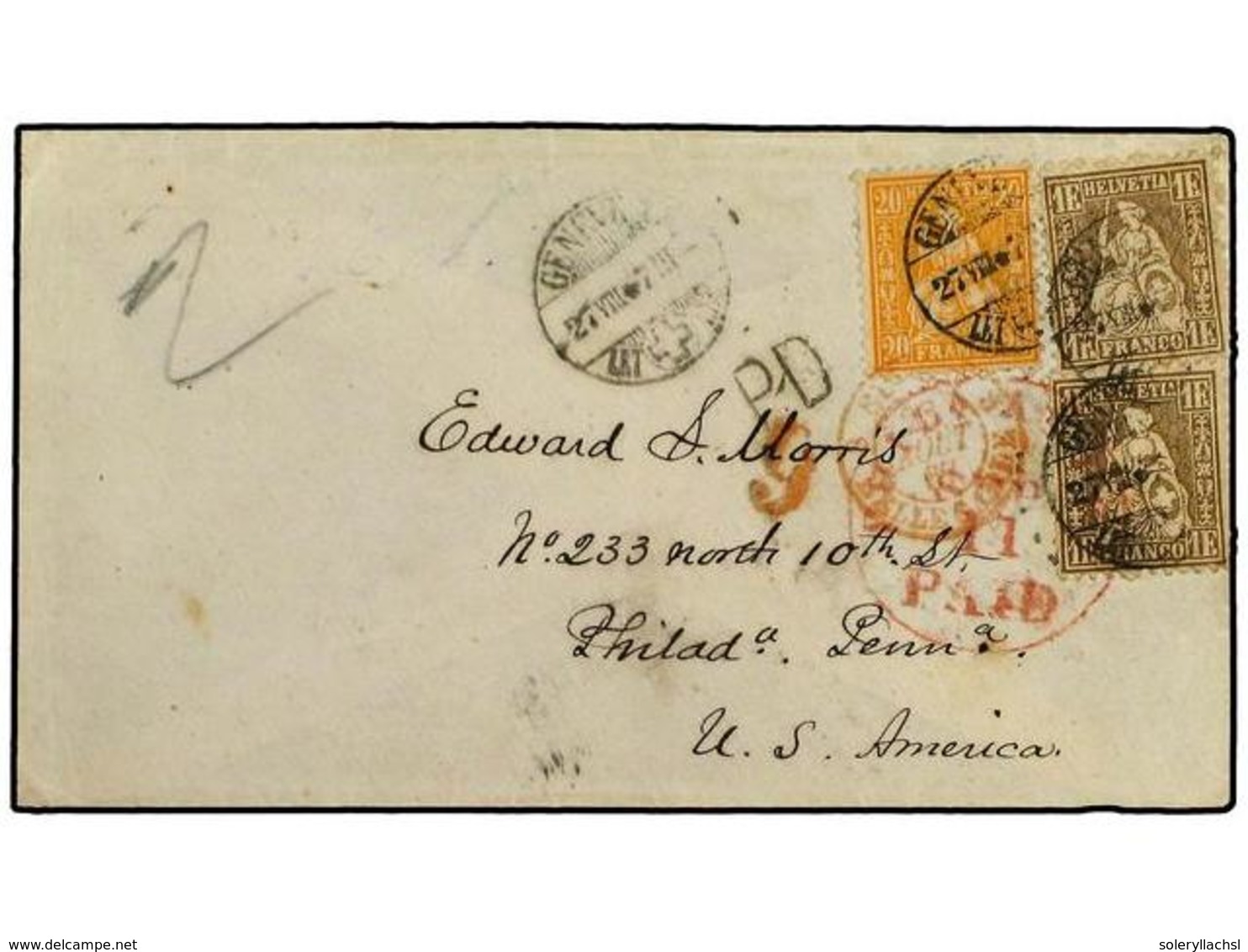 5362 SUIZA. 1867 (Aug 27). Cover To PHILADELPHIA, USA Franked By 1862 <B>20 C.</B> Orange And Pair Of Scarce <B>1 Fr.</B - Sonstige & Ohne Zuordnung