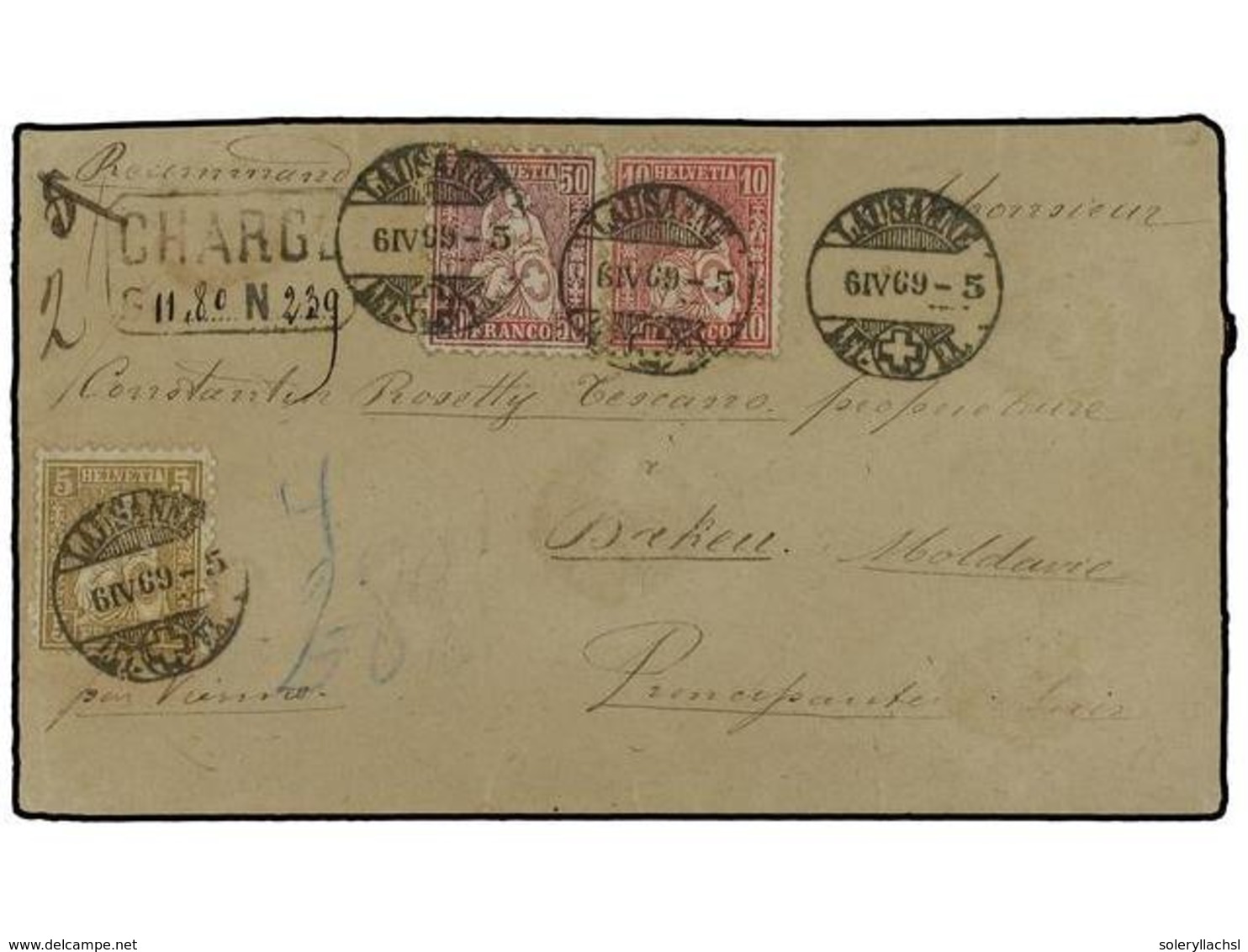 5366 SUIZA. 1869. LAUSANNE A BACAU (Moldavia, Rumania). Carta Certificada Con Franqueo De <B>5 Rp.</B> Bistre, <B>10 Rp. - Sonstige & Ohne Zuordnung