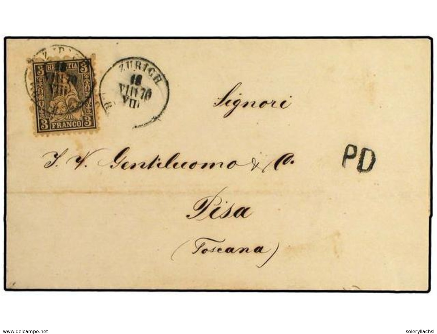 5367 SUIZA. 1862-63. <B>3 C.</B> Black, Tied By <B>ZURICH</B> Cds On An 1870 Folded Letter To PISA, Italy (backstamped). - Sonstige & Ohne Zuordnung