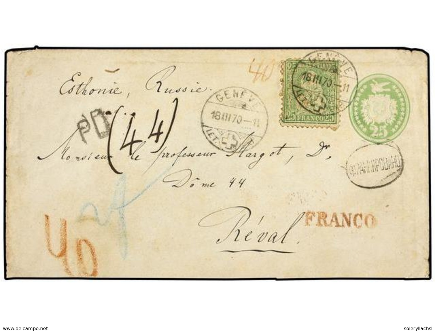 5368 SUIZA. 1870. GENEVE A REVAL (Estonia). Entero Postal De <B>25 Rp.</B> Verde Con Franqueo Complementario De <B>25 Rp - Other & Unclassified