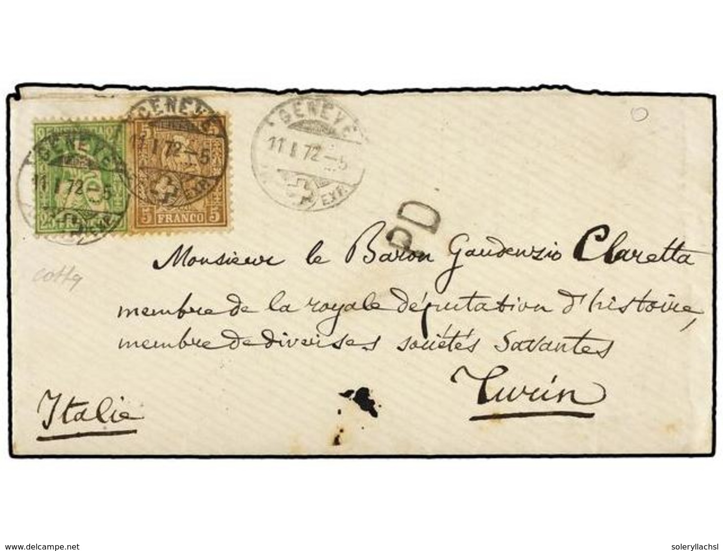 5373 SUIZA. 1872. GENEVE To TURIN (Italy). <B>5 Rp.</B> Brown And <B>25 Rp.</B> Green Arrival On Back. - Sonstige & Ohne Zuordnung