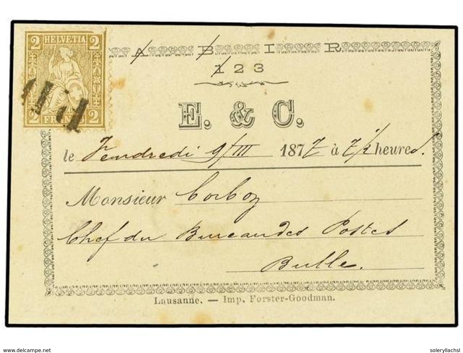 5378 SUIZA. 1877 (March 7). Collection Card Used To Thee Bulle Postmaster, Franked With Single 1867 <B>2c</B>. Bistre Br - Other & Unclassified