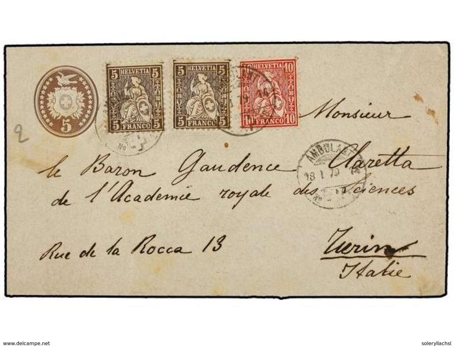 5380 SUIZA. 1879. Envelope <B>5 Rp.</B> Brown Uprated <B>5 Cts.</B> Brown (2) And <B>10 Rp.</B> Red Cancelled <B>AMBULAN - Other & Unclassified