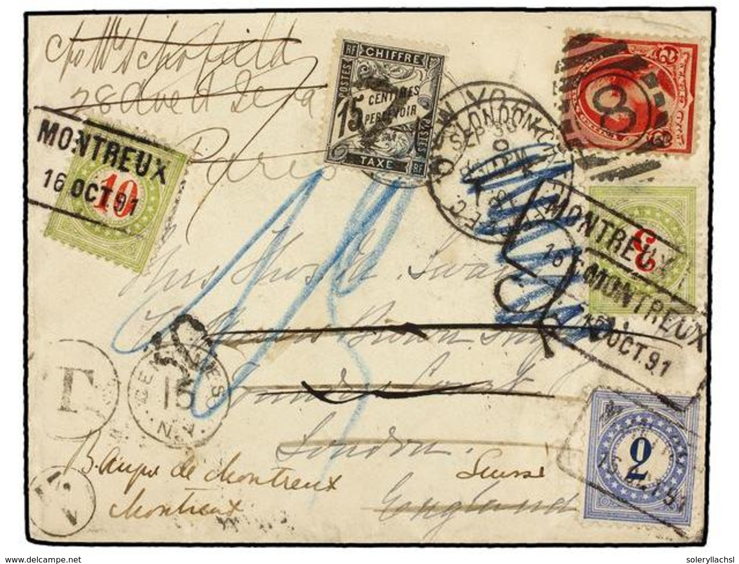 5389 SUIZA. 1891. NEW YORK A LONDRES Reexpedida A MONTREUX Y Posteriormente A PARÍS. <B>2 Cts. </B>rojo USA Tasada En Su - Sonstige & Ohne Zuordnung