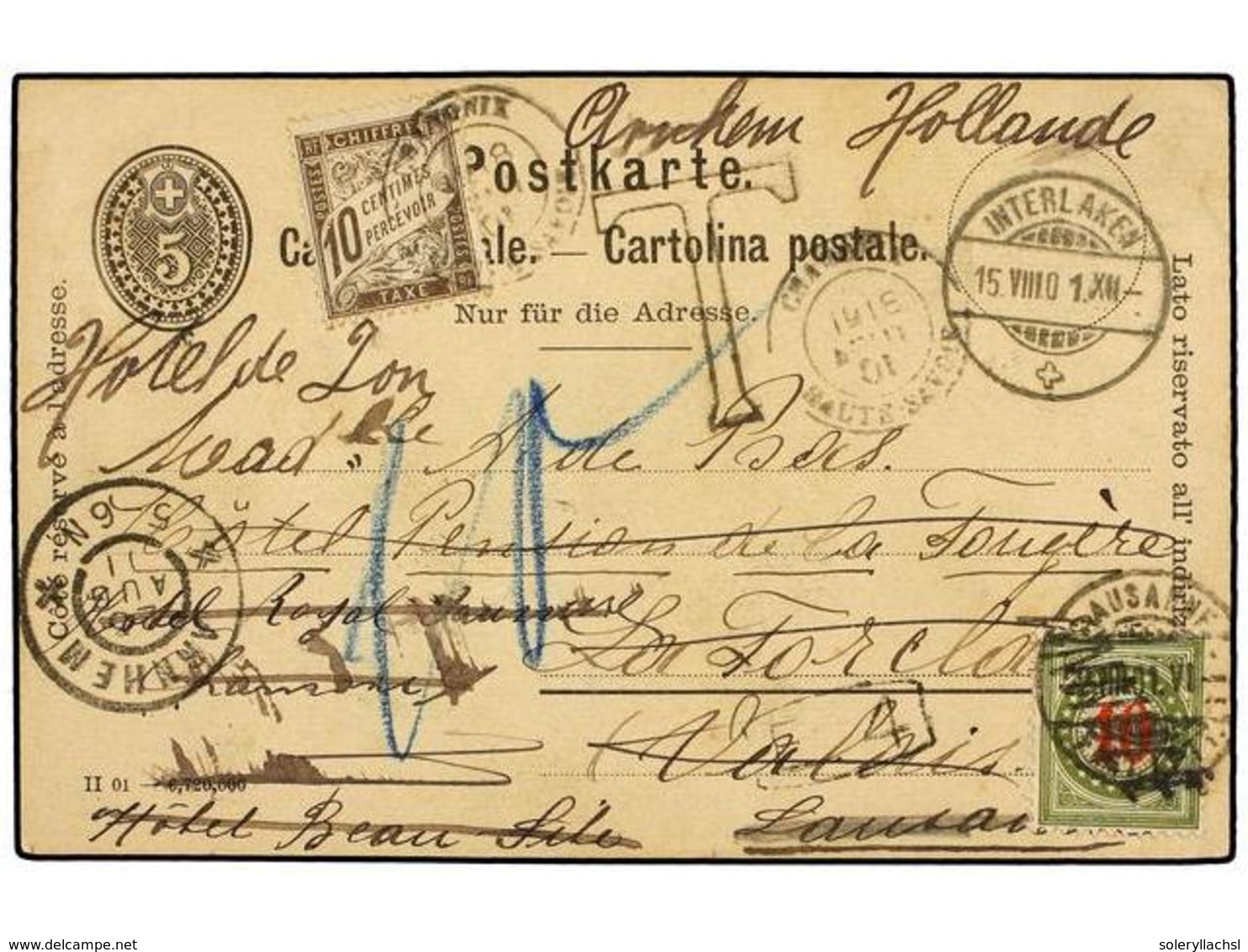 5395 SUIZA. 1910. Multiredirected Postal Stationary Of <B>5 Rp.</B> Taxed With French <B>10 Cts.</B> Brown Stamp And Swi - Other & Unclassified