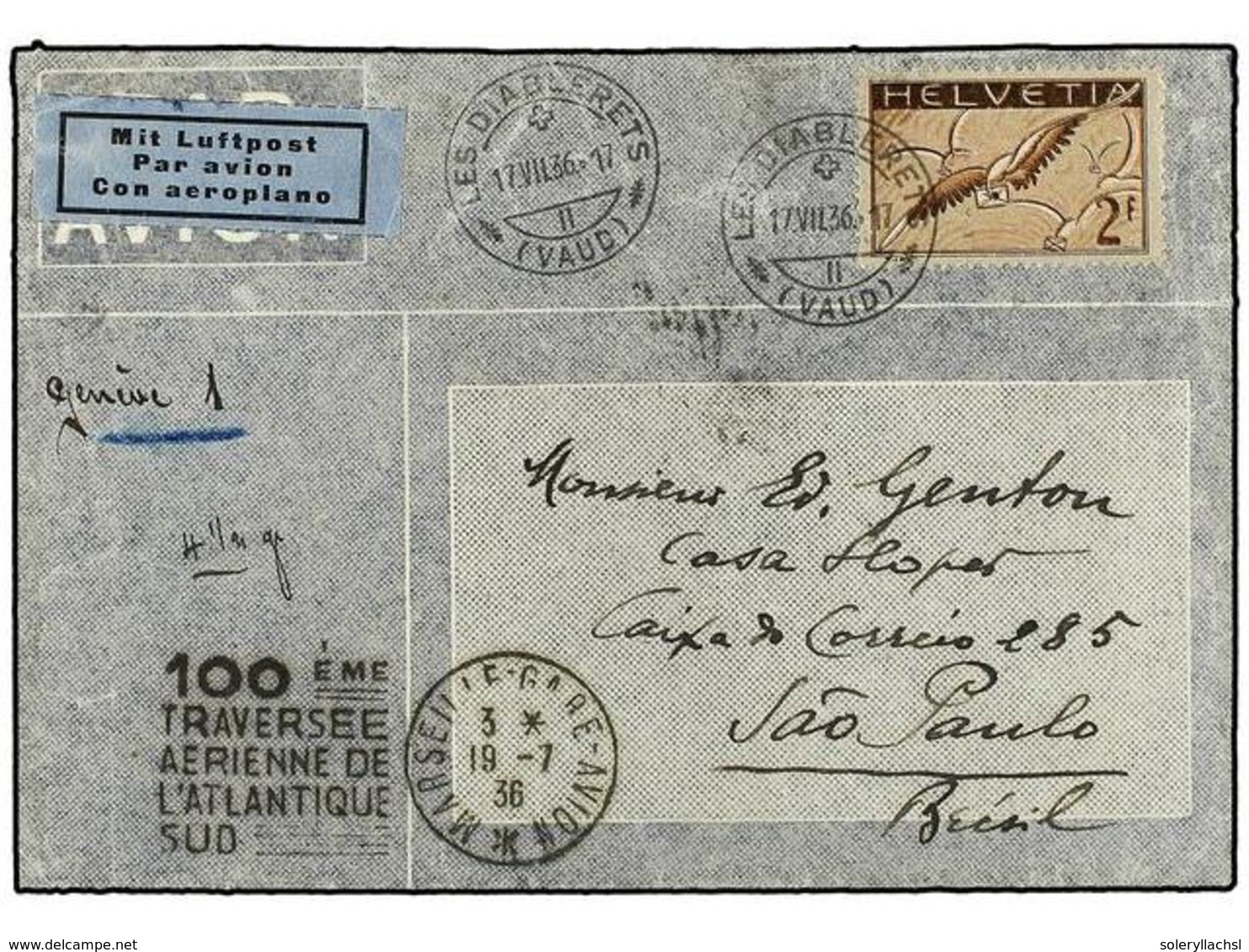 5402 SUIZA. Mi.245z. 1936. LES DIABLERETS To BRASIL. <B>2 Fr.</B> Brown (black Colour Misplaced) To MARSELLE. Unusual Va - Sonstige & Ohne Zuordnung