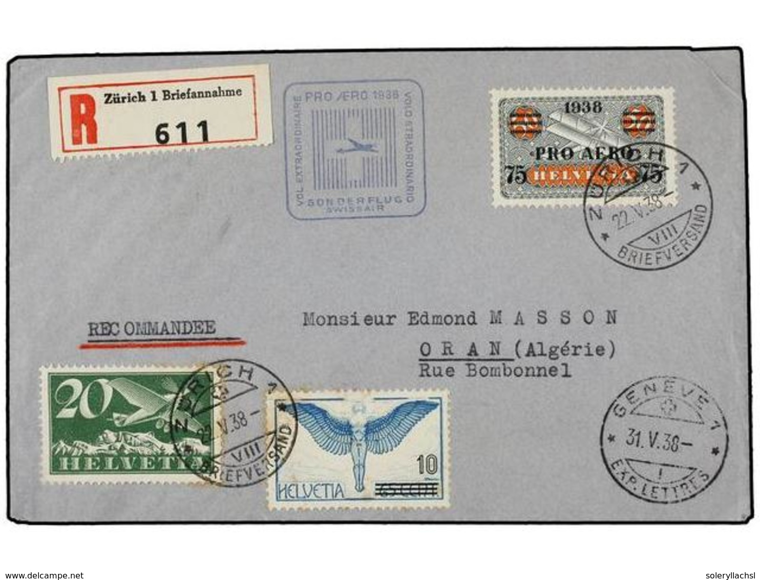 5403 SUIZA. 1938 (22-V). ZURICH A ORAN. Primer Vuelo <B>PRO-AEREO.</B> - Other & Unclassified