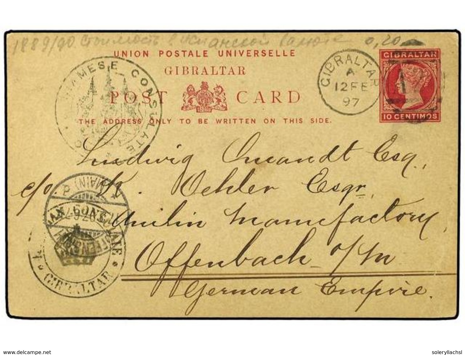 5407 TAILANDIA. 1897 (Feb 12). <B>10c</B>. Reed On Buff Stationery Card Cancelled By <B>'Gibraltar/A26'</B> Duplex, Used - Other & Unclassified