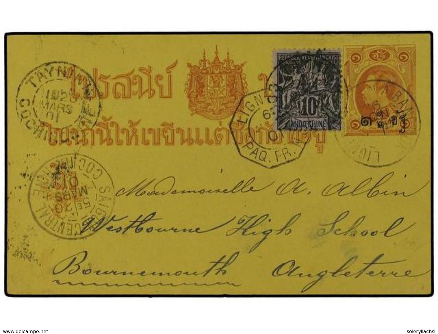 5409 TAILANDIA. Sc.7. 1901 (March 20). Indochine 1892 <B>10 C.</B> Black On Lilac Used On Thailand Postal Stationary Car - Other & Unclassified