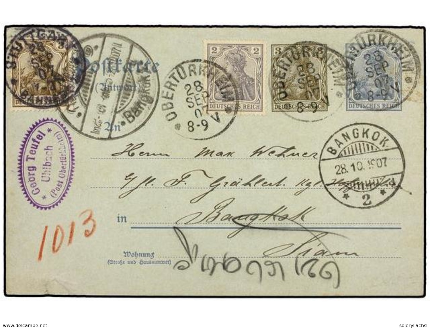 5411 TAILANDIA. 1907. <B>2pf.</B> Grey + <B>3pf.</B> Brown Postal Stationery Card Mailed To BANGKOK And Up-rated With <B - Other & Unclassified