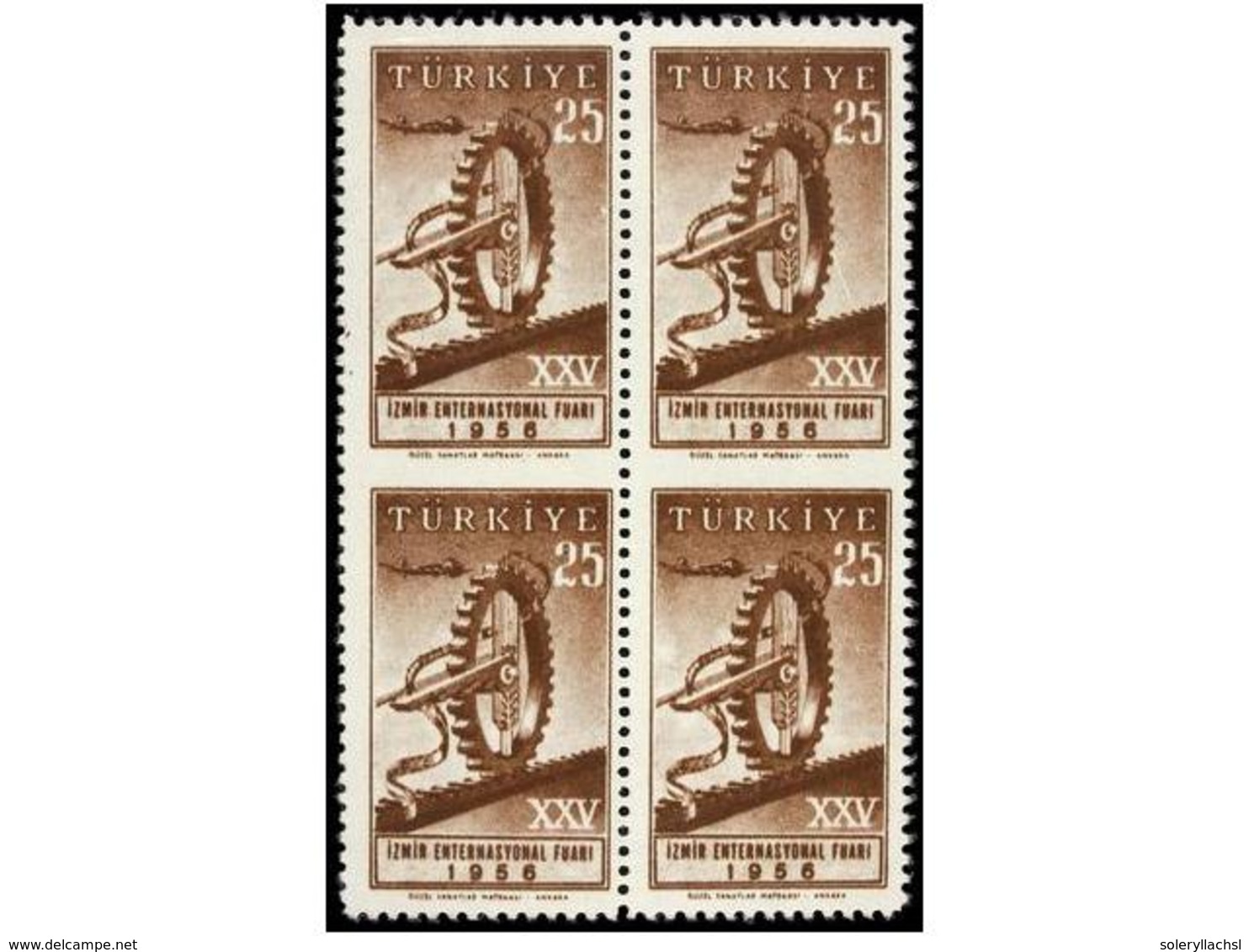 5425 ** TURQUIA. Mi.1483. 1956. <B>25 Kr.</B> Lilabrown. Block Of Four <B>IMPERFORATE BETWEEN. </B> - Other & Unclassified