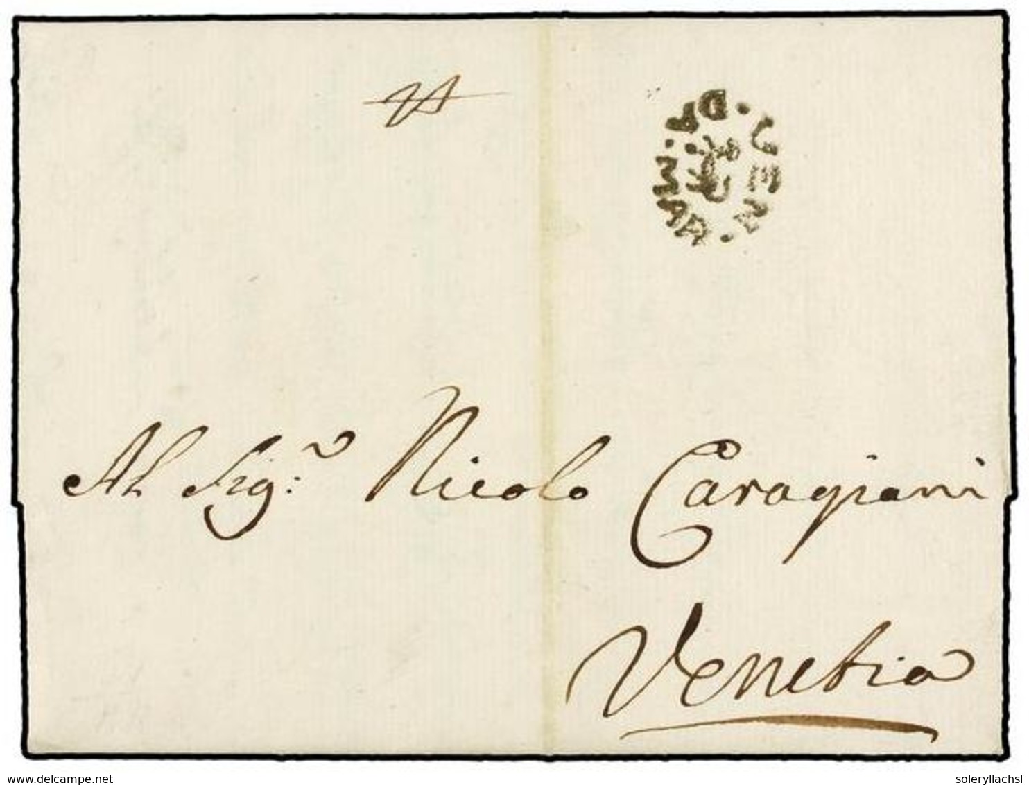 5428 TURQUIA. 1728 (23 Abril). GALATA To VENETIA. Entire Letter With Oval<B> VEN.DA.MAR</B> Mark. Very Fine And Rare. - Other & Unclassified
