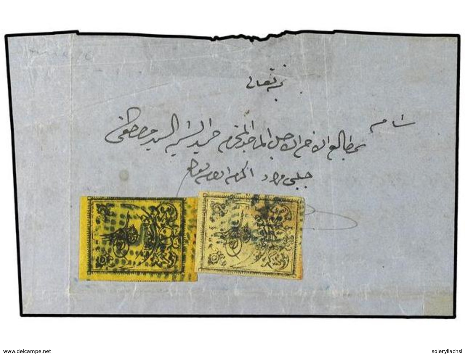 5433 TURQUIA. (1864 CA.). Entire Letter Franked By Two Differing Shades Of 1863 <B>20pa</B> Black On Yellow, Thick Paper - Other & Unclassified
