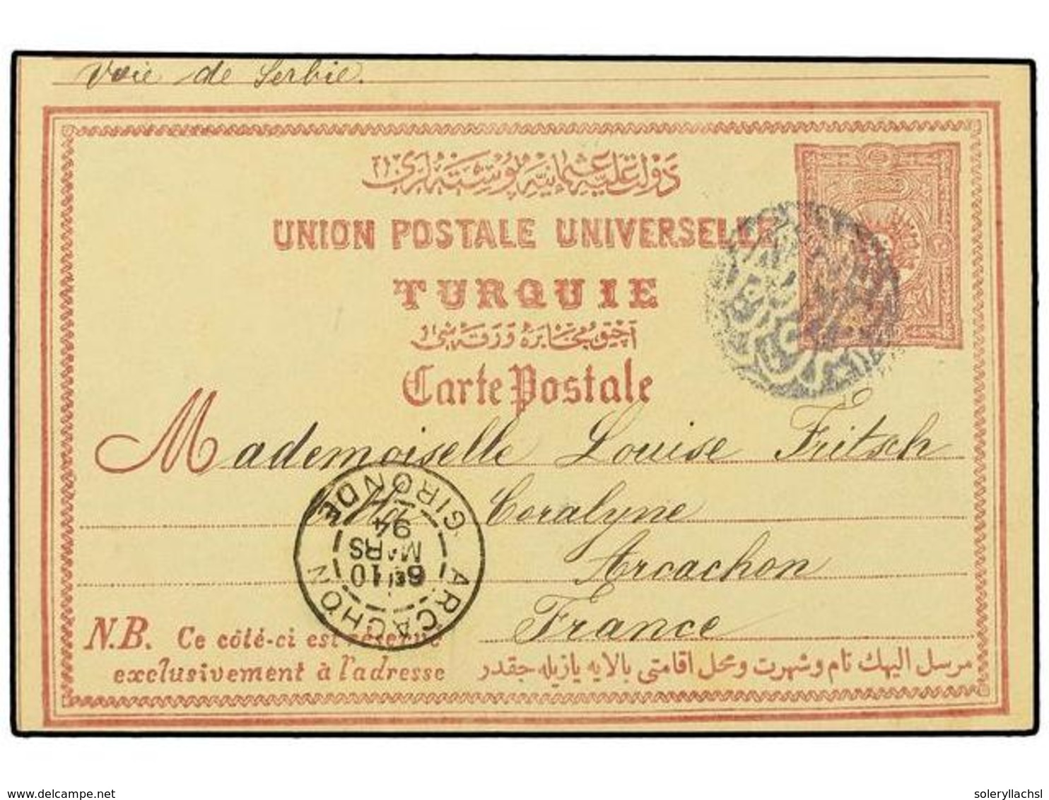5445 TURQUIA. 1894. MACEDONIA. Postal Stationary Card Used From BITOLIA To FRANCE Showing All Arabic Negative <B>USKUP</ - Sonstige & Ohne Zuordnung