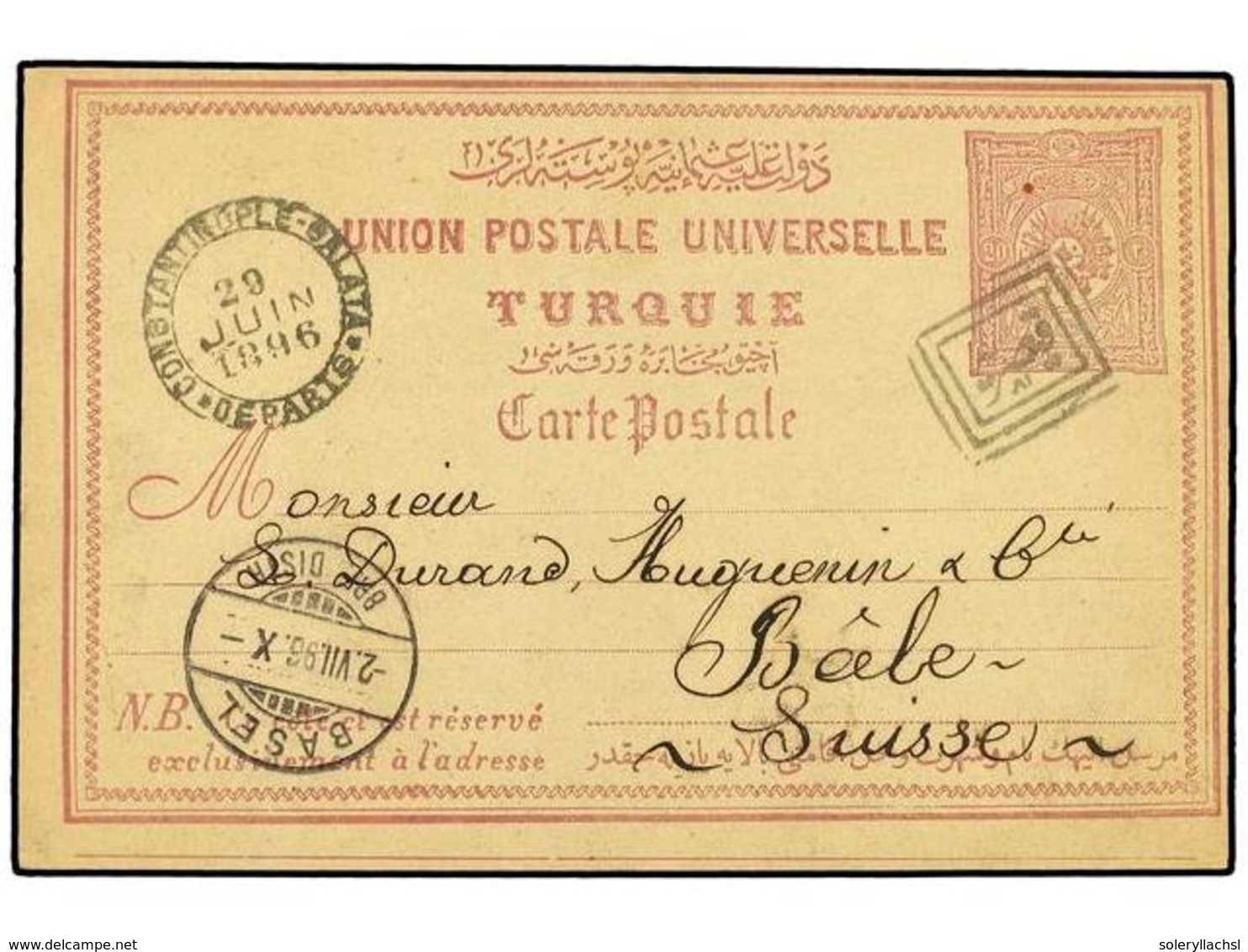 5448 TURQUIA. 1896. Postal Stationery Card Showing All Arabic Triple-box <B>KAYSERI</B> Cancellation To SWITZERLAND (C/W - Sonstige & Ohne Zuordnung