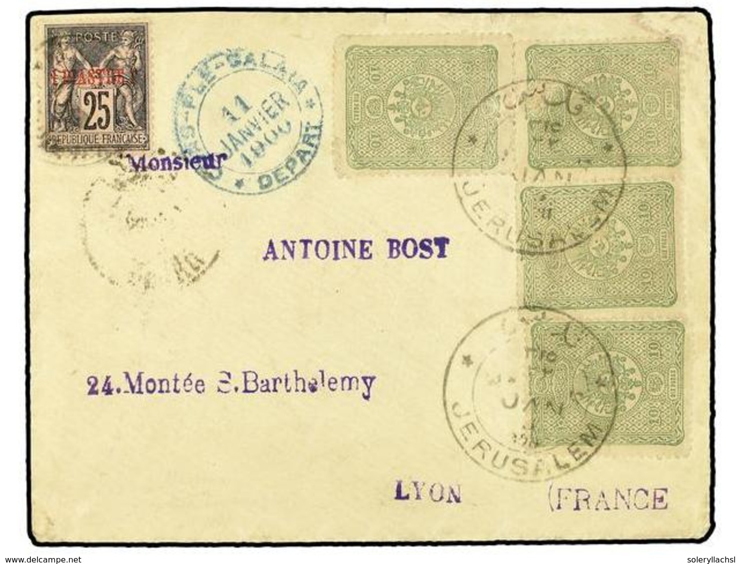 5455 TURQUIA. 1900. PALESTINE. Cover Bearing <B>4x10 Para </B>Ottoman Stamps Mix Franking With French Levant <B>1 Piastr - Sonstige & Ohne Zuordnung