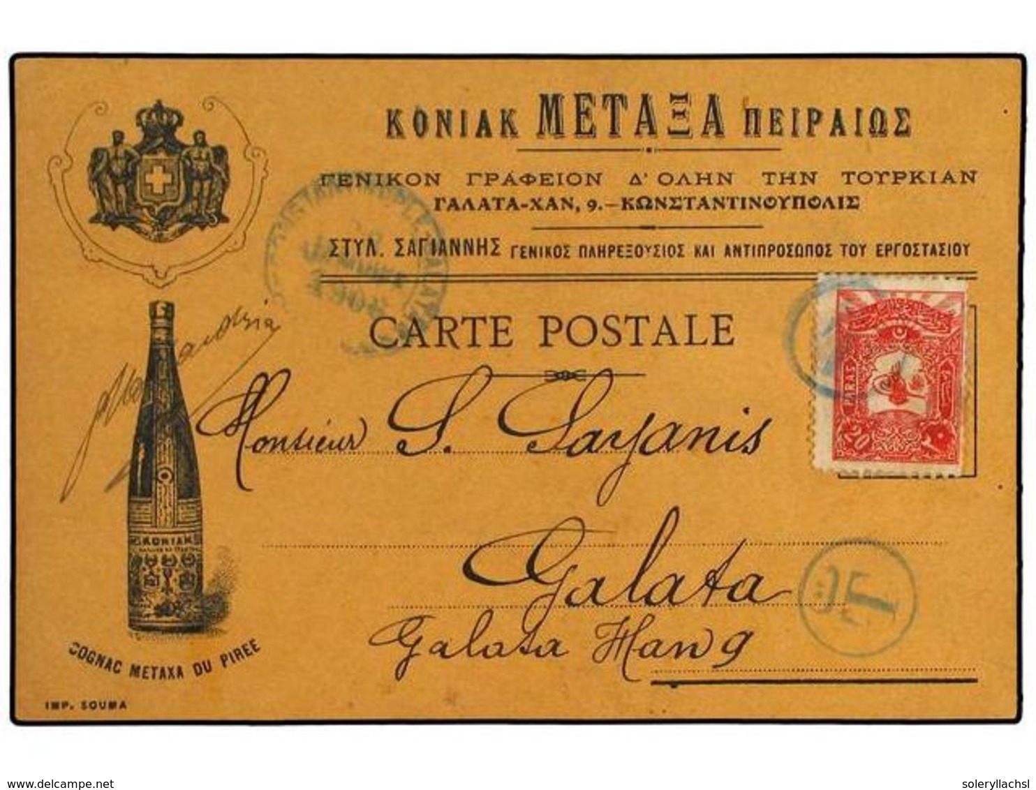 5457 TURQUIA. 1906 (Jan 20). Illustrated Advertising Card [showing A Bottle Of Metaxa Brandy] Used To Galata From Consta - Other & Unclassified