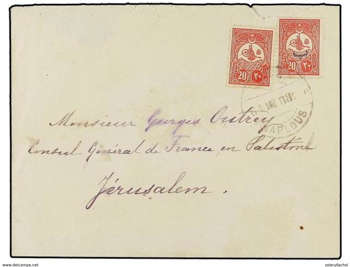 5458 TURQUIA. 1908. <B>PALESTINE. </B>Cover Bearing <B>2x20 Para</B> Tied By Bilingual <B>NAPLOUS</B> Cancellation To Je - Sonstige & Ohne Zuordnung