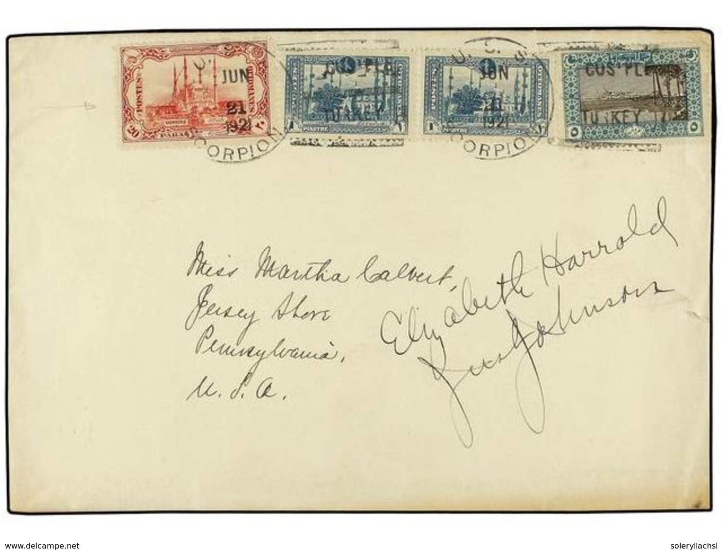 5464 TURQUIA. 1921. CONSTANTINOPLE To U.S.A. <B>20 Pa., 1 Pi.</B> (2) With Maritime Cancel <B>U.S.S. ESCORPION/COS'PLE/T - Other & Unclassified