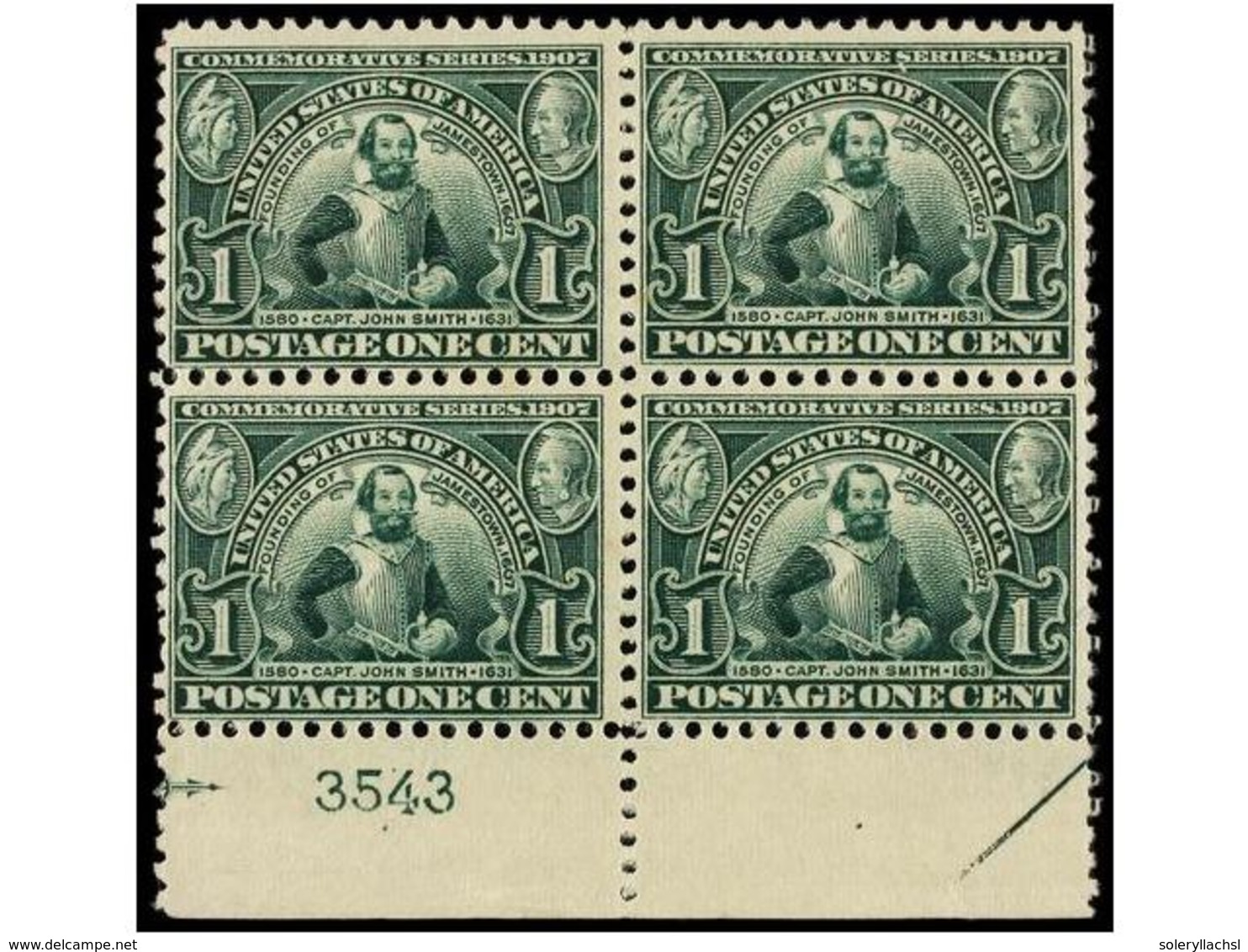 5489 ** ESTADOS UNIDOS. Sc.328 (4). 1907. <B>1 Ctvo.</B> Green, Block Of Four With Plate Number (3543), Never Hinged. VE - Other & Unclassified