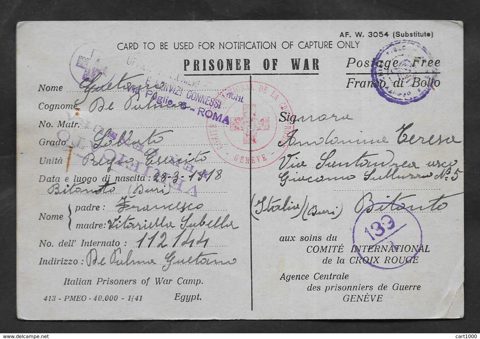 PRISONER OF WAR EGYPT KRIEGSFANGENNENPOST 1941 CROCE ROSSA CROIX ROUGE - Documenti