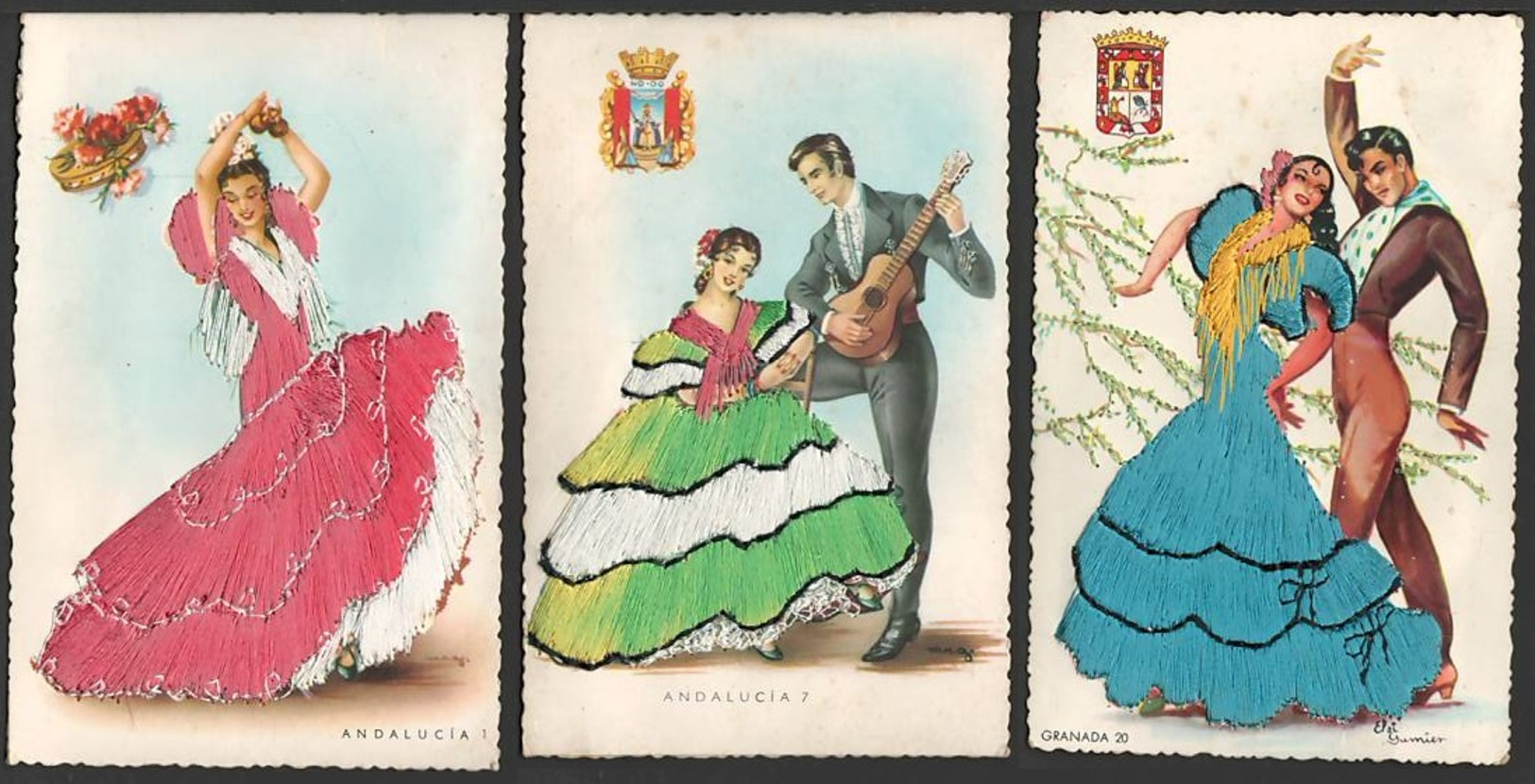 SPAIN: National Costumes, Dancers, 7 Embroidered Postcards, Mostly Fine - Other & Unclassified