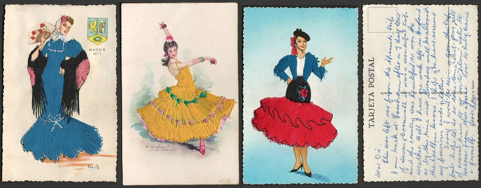 SPAIN: National Costumes, Dancers, 7 Embroidered Postcards, Mostly Fine - Other & Unclassified