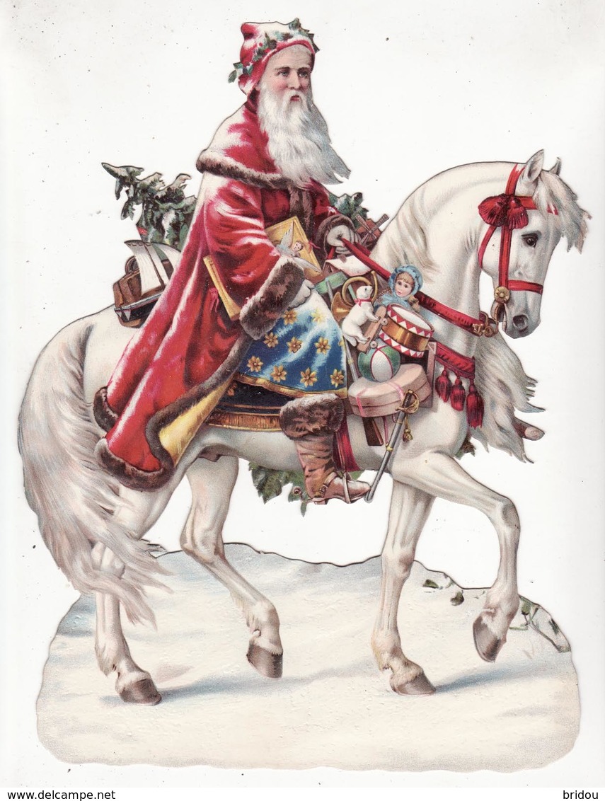 CHROMO DECOUPI    Grand Format    Père Noël, Cheval, Jouets     25.5 X 19 Cm - Christmas