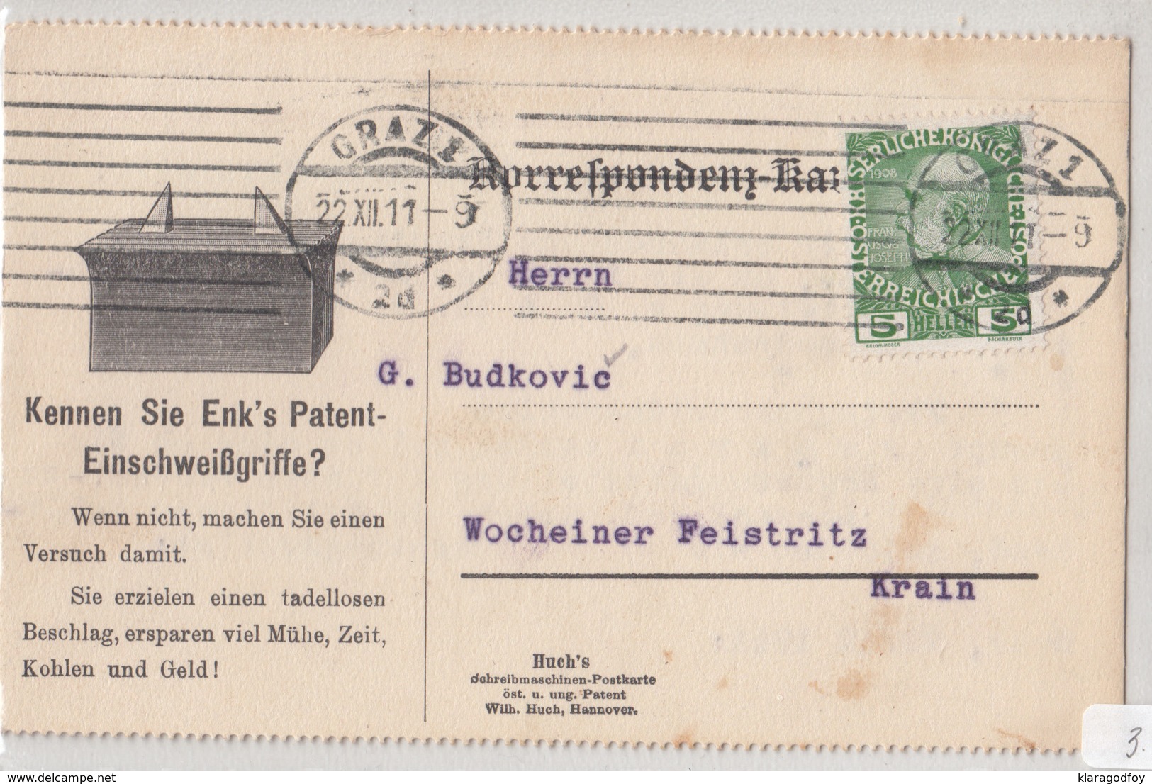 Enk's Patent-Einschweißgriffe Advertising Postcard Travelled 1911 Wien To Wocheiner Feistritz B180720 - Briefe U. Dokumente