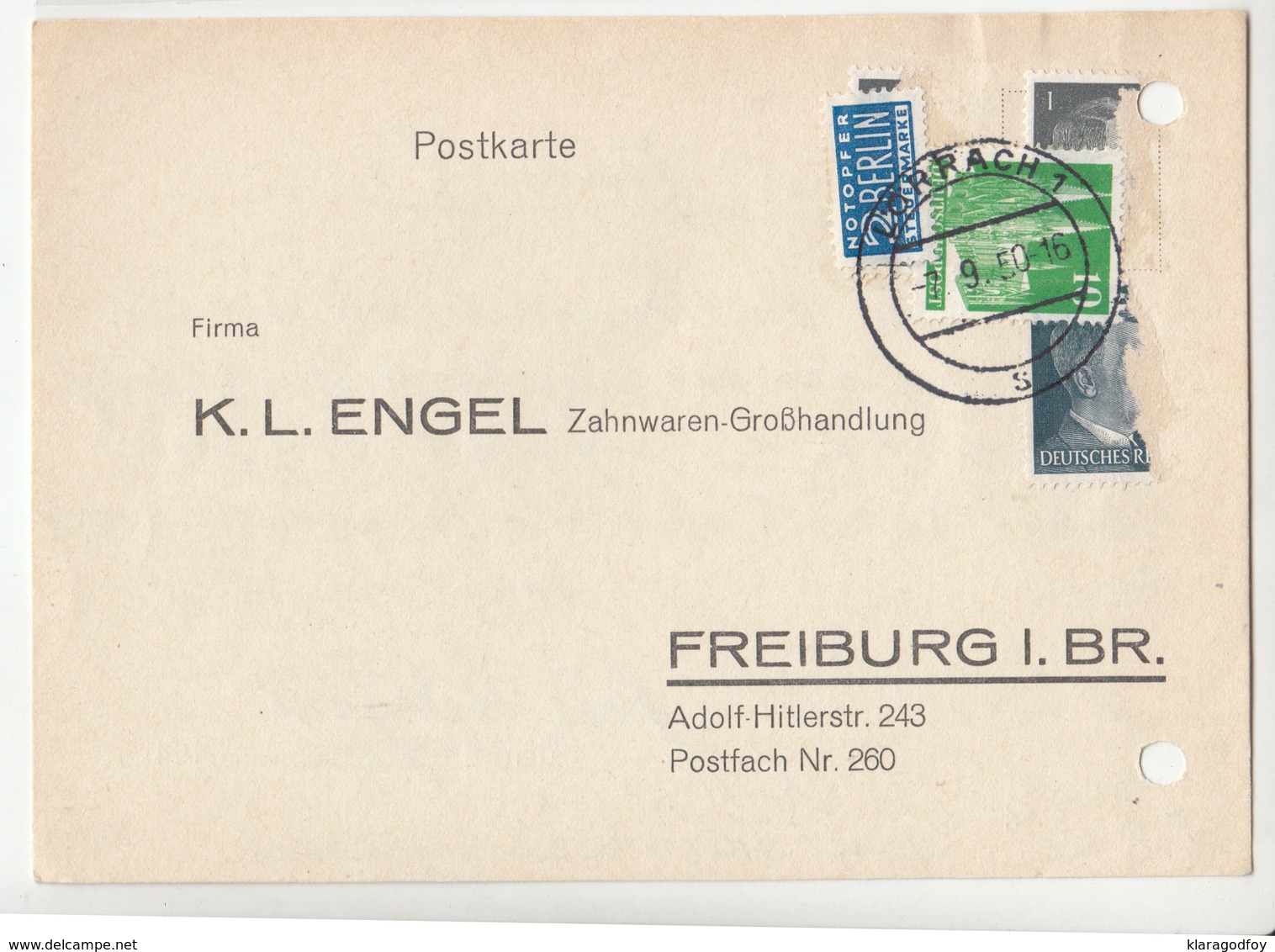 K.L.Engel Company Reply Postcard Travelled 1950 Lörrach To Freiburg Stamps Glued Over Hitler Stamps - Notopfer Berlin - Briefe U. Dokumente