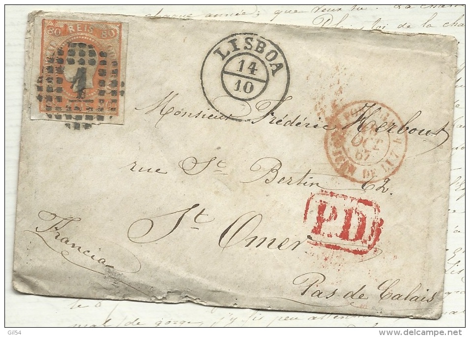 Portugal Yvert N° 23 ( 80 C R Orange ) Sur Lac De Lisbonne Pour Saint Omer , Octobre 1867  -   Pb16501 - Lettres & Documents