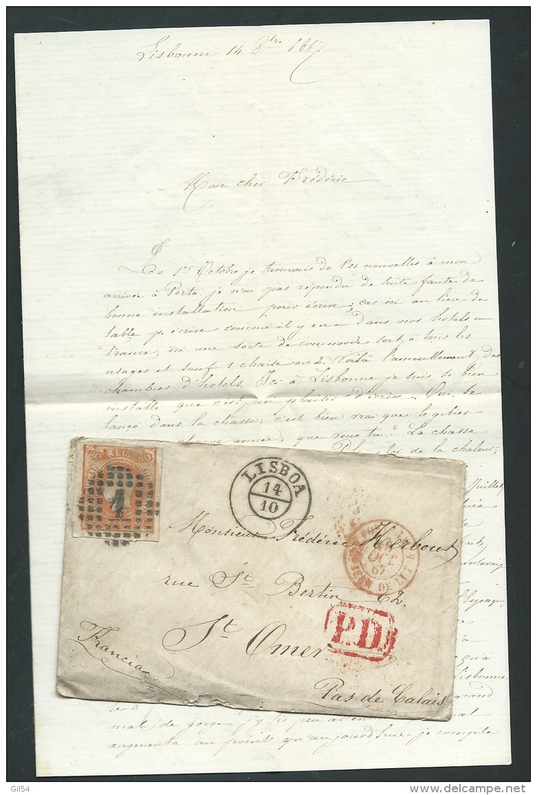 Portugal Yvert N° 23 ( 80 C R Orange ) Sur Lac De Lisbonne Pour Saint Omer , Octobre 1867  -   Pb16501 - Lettres & Documents