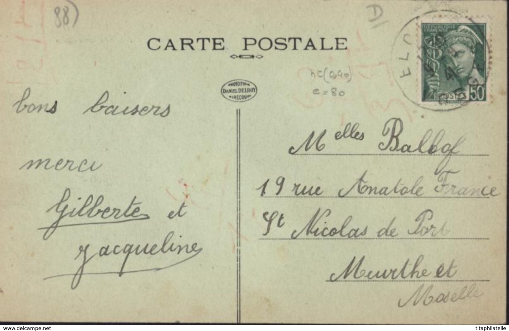 Mercure YT 414B Seul Sur Lettre Carte CPA Eloyes Au Fond Tête Des Cuveaux CAD Eloyes 9 9 41 Vosges 88 - 1921-1960: Période Moderne