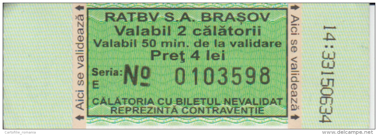 Romania - RATBV Brasov - Bus Ticket - 2 Trips Ticket - Used, Stamp - Serial Number - Europe