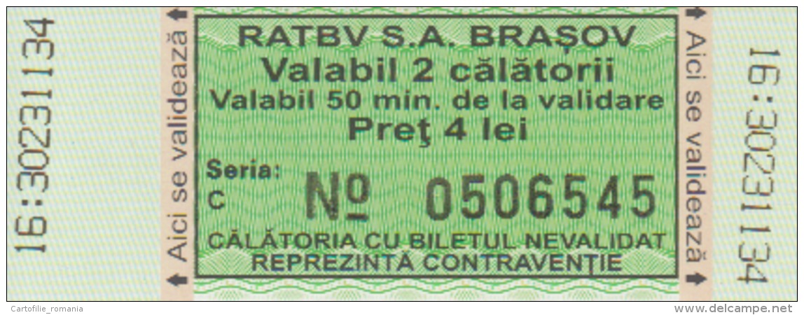 Romania - RATBV Brasov - Bus Ticket - 2 Trips Ticket - Used, Stamp - Serial Number - Europa