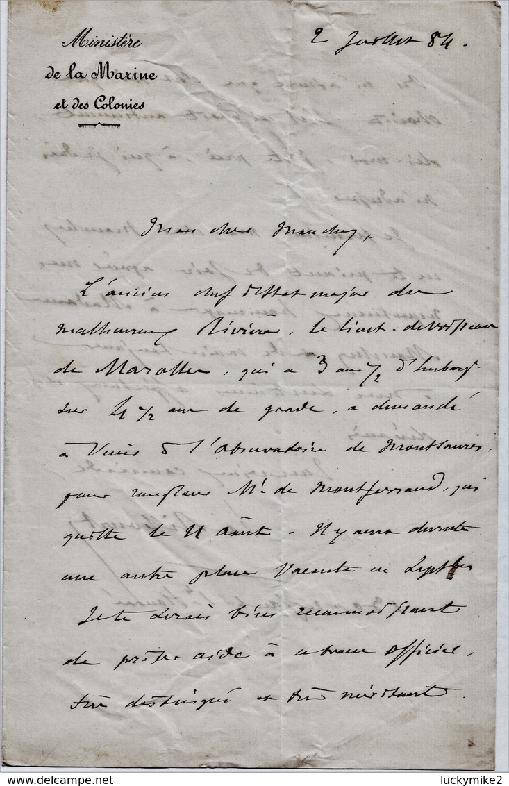 1884 Signed French Letter From  "L A Ribourt, Ministere De La Marine Et Des Colonies".  Ref 0551 - Other & Unclassified