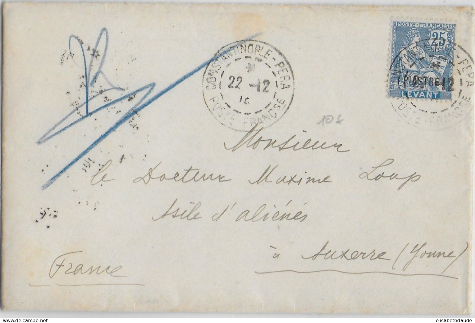 1913 - TYPE MOUCHON Du LEVANT UTILISEE En TURQUIE - ENVELOPPE De CONSTANTINOPLE => AUXERRE (YONNE) - Covers & Documents