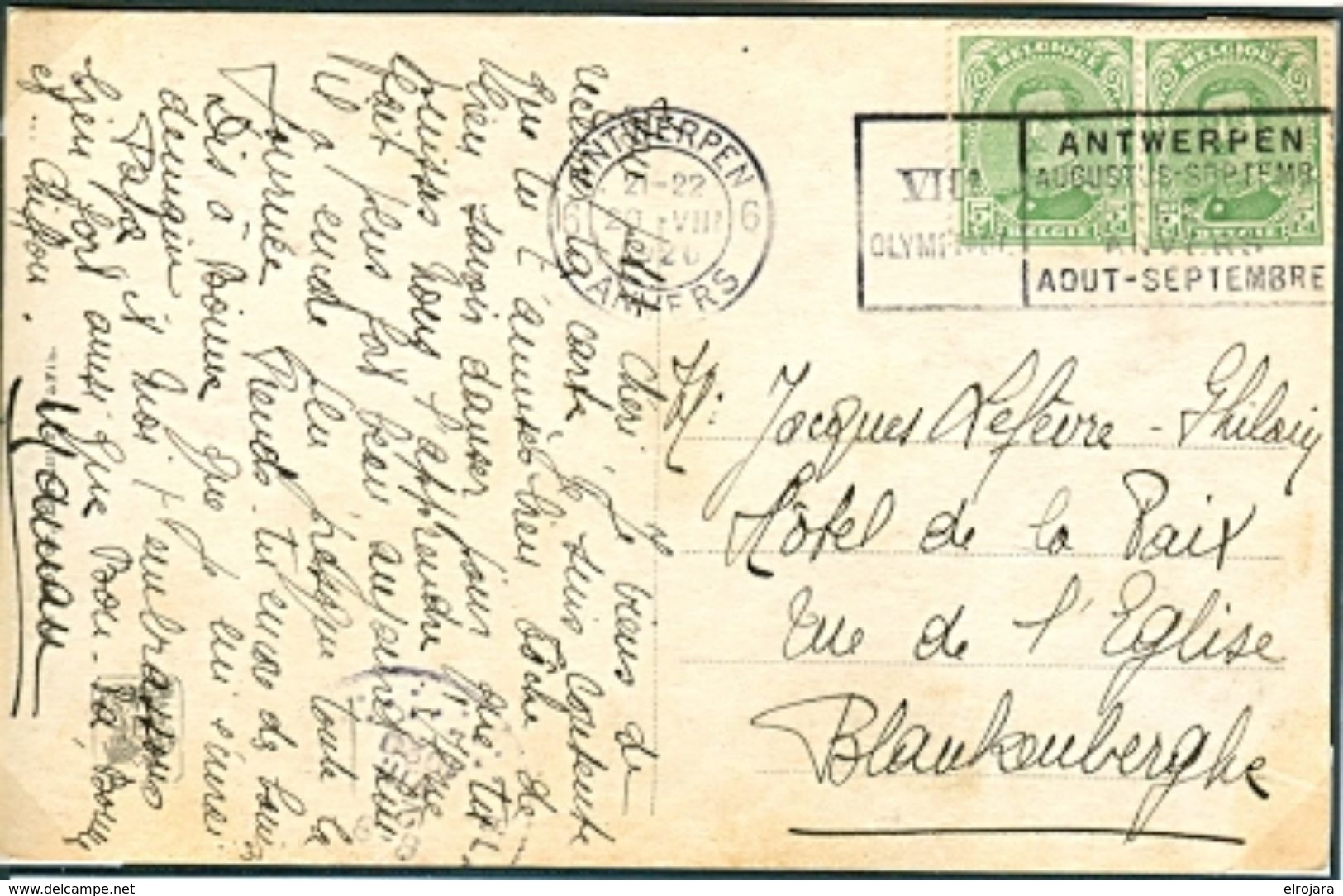 BELGIUM Postcard With Olympic Machine Cancel Antwerpen 6 Anvers Dated 20-VIII 1920 Athletic Day - Estate 1920: Anversa