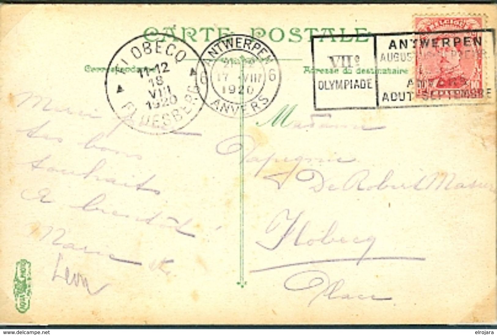 BELGIUM Postcard With Olympic Machine Cancel Antwerpen 6 Anvers Dated 17-VIII 1920 Athletic Day - Zomer 1920: Antwerpen