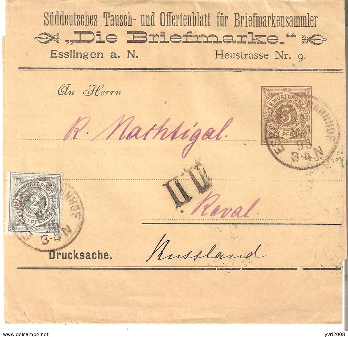 EP. Manchon 3 Pfennig + TP.2 Pfennig ESSLINGEN BAHNHOF 17/5/1895 Vers REVAL (RUSSIE) C. VERSO - Other & Unclassified