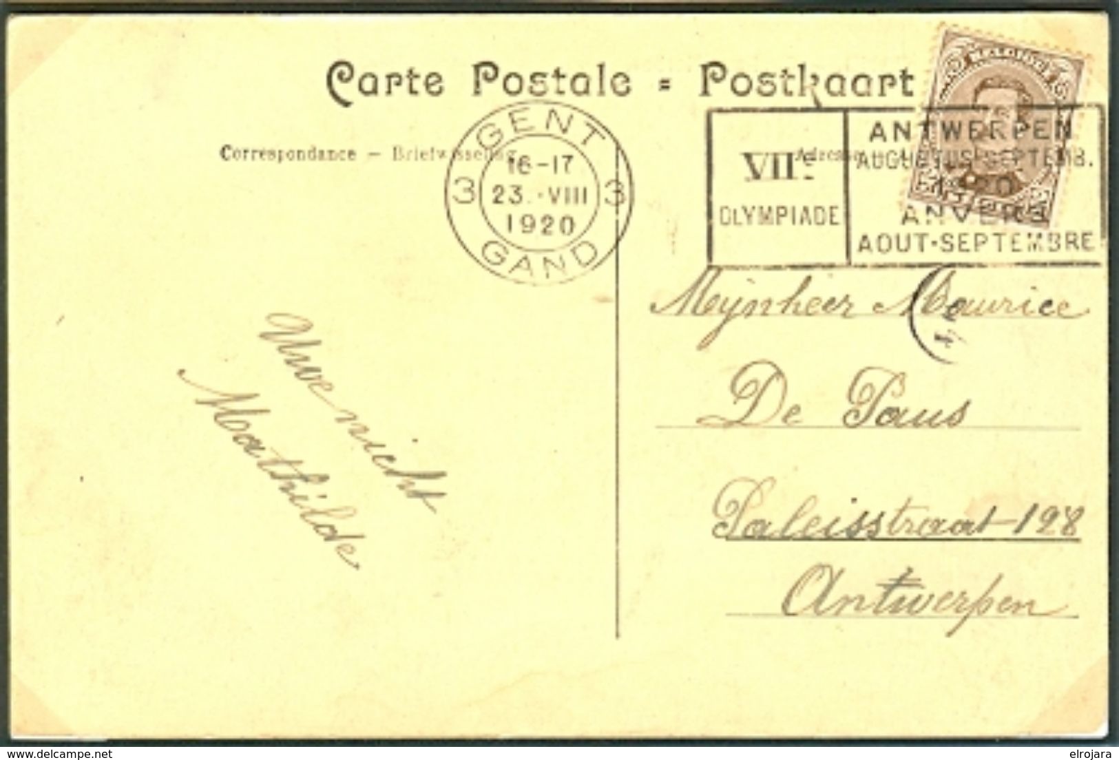 BELGIUM Postcard With Olympic Machine Cancel Gent 3 Gand Dated 23-VIII 1920 Athletic Day - Estate 1920: Anversa