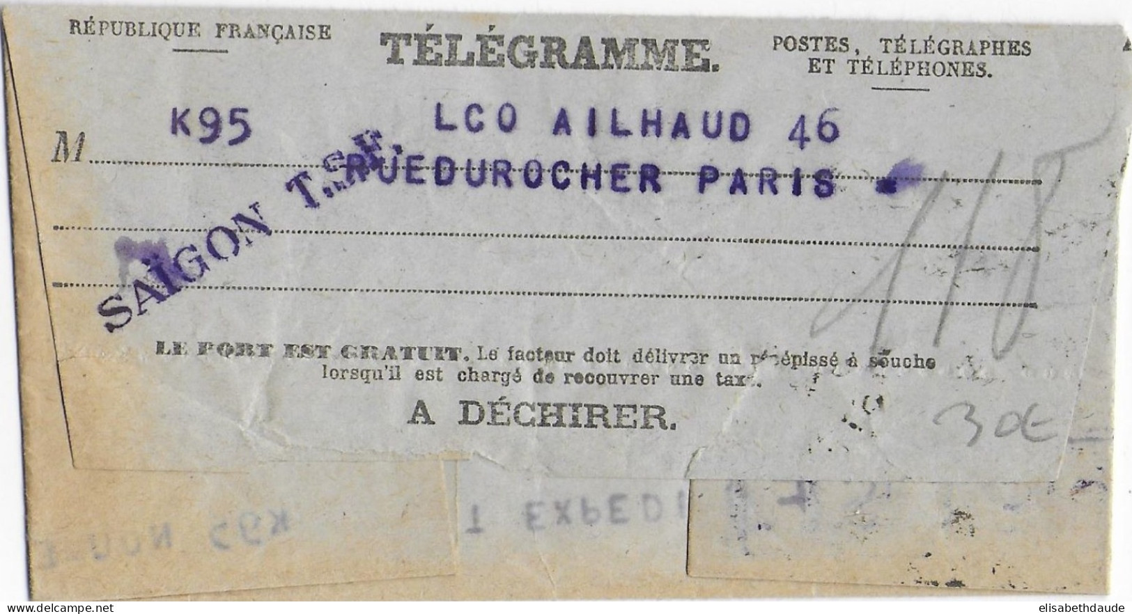 1932 - TELEGRAMME De NOUMEA (NOUVELLE CALEDONIE) Via TSF SAÏGON (INDOCHINE) => PARIS Avec CACHET PNEUMATIQUE - Telegraaf-en Telefoonzegels