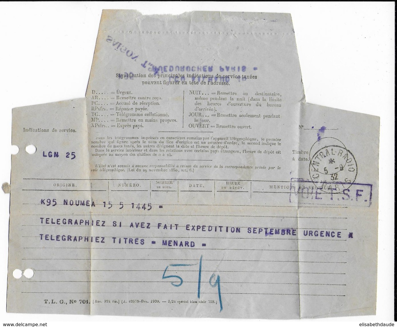 1932 - TELEGRAMME De NOUMEA (NOUVELLE CALEDONIE) Via TSF SAÏGON (INDOCHINE) => PARIS Avec CACHET PNEUMATIQUE - Télégraphes Et Téléphones