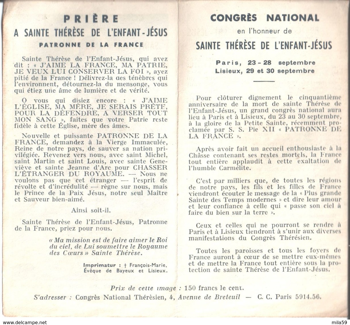 Congrès National En L'honneur De Sainte Thérèse. Paris. Lisieux. - Images Religieuses